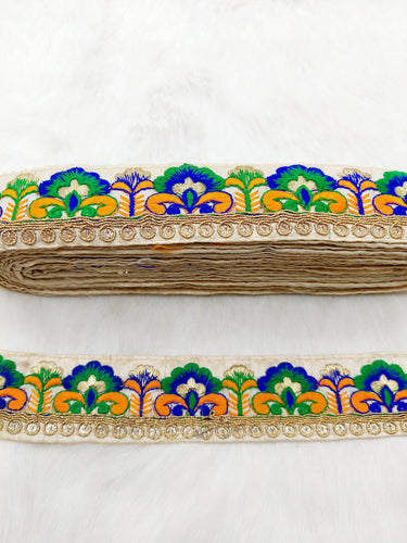Beige Art Silk Lace Trim in Floral Embroidery, Gold Sequins Embellishments, Decorative Trim